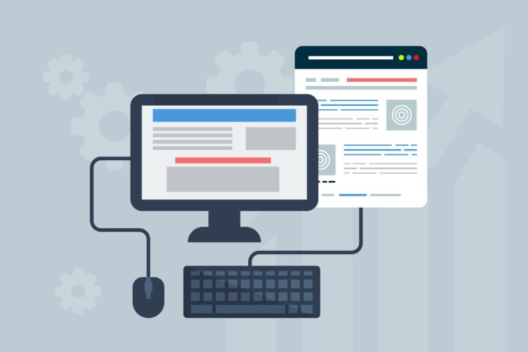 Illustration of a desktop computer connected to a web page layout
